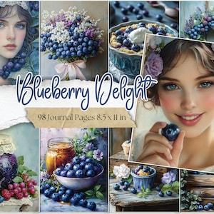 Páginas de diario basura de arándanos, materiales imprimibles para scrapbooking de arándanos, efímeras de frutas moradas, papeles digitales de jardín de verano para diarios artísticos.