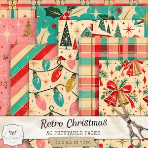 May include: A collection of 30 printable pages featuring retro Christmas patterns including holiday lights, plaid, bells, holly, and snowy houses in red, teal, pink, and cream. The text reads Retro Christmas 30 PRINTABLE PAGES 11 X 8.5 IN JPG.