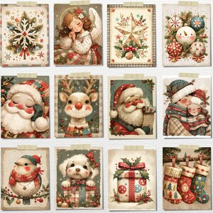 May include: A collection of twelve vintage-style Christmas cards. The cards feature festive illustrations of a snowflake, angel, star, snowman, Santa Claus, reindeer, couple, bird, puppy, gift, and stockings. Each card is adorned with holiday-themed elements.