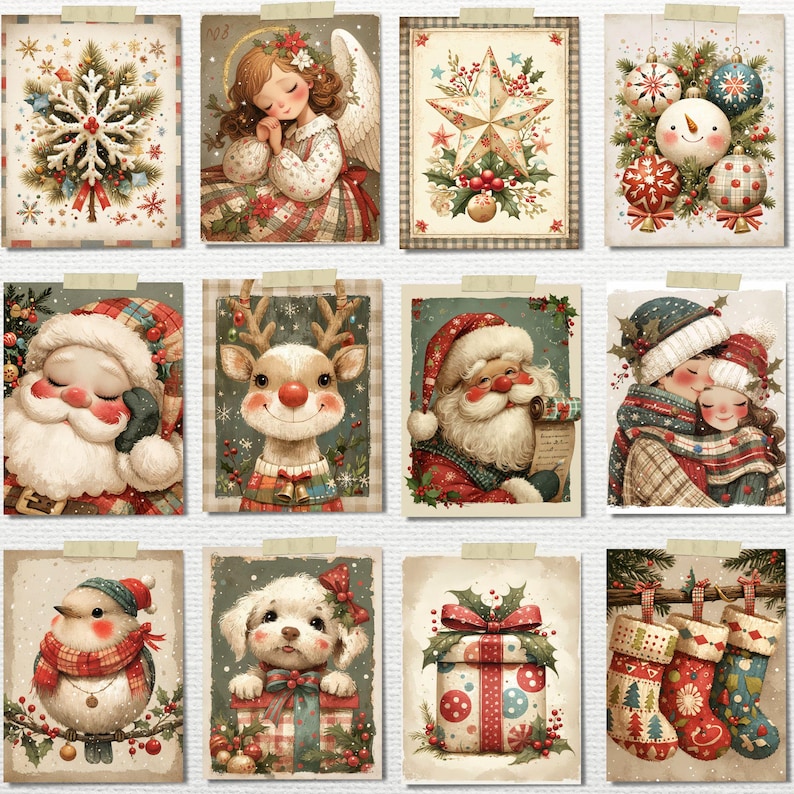 May include: A collection of twelve vintage-style Christmas cards. The cards feature festive illustrations of a snowflake, angel, star, snowman, Santa Claus, reindeer, couple, bird, puppy, gift, and stockings. Each card is adorned with holiday-themed elements.
