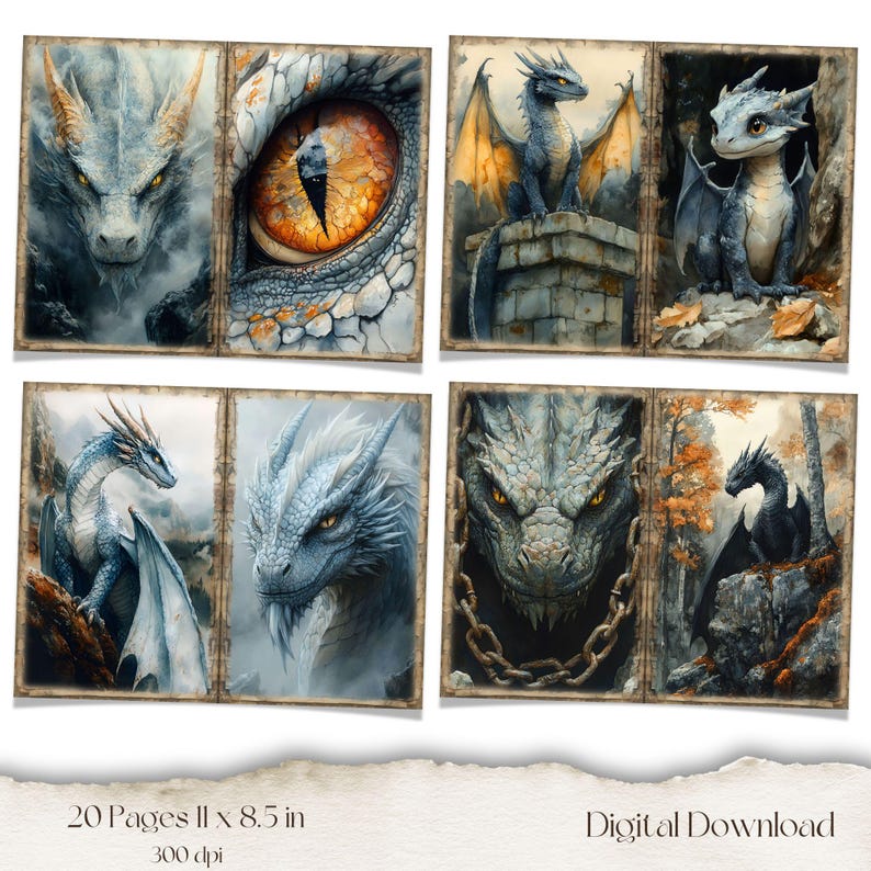 May include: A digital download featuring watercolor illustrations of dragons. The artwork includes close-ups of dragon faces, eyes, and full-body depictions. The text on the image reads "20 Pages 11 x 8.5 in 300 dpi Digital Download."