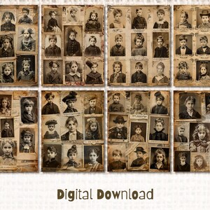 May include: A collage of vintage photographs of children, each image is framed in a brown paper border. The images are arranged in a grid pattern, with each row and column containing 6 images.