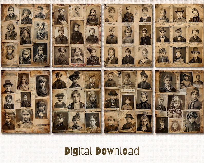 May include: A collage of vintage photographs of children, each image is framed in a brown paper border. The images are arranged in a grid pattern, with each row and column containing 6 images.