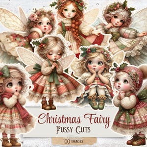 Op de afbeelding: Een verzameling van zeven kerstfeeën-uitknippen. De feeën zijn afgebeeld met grote ogen, vleugels en feestelijke kleding in tinten rood, groen en crème. De tekst "Christmas Fairy Fussy Cuts" staat eronder.