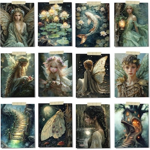 Peut inclure: Une collection de douze impressions d'art fantastiques repr&eacute;sentant des f&eacute;es &eacute;th&eacute;r&eacute;es, des cr&eacute;atures mystiques et des paysages enchanteurs. Les &oelig;uvres pr&eacute;sentent des illustrations d&eacute;taill&eacute;es avec des palettes de couleurs douces, notamment des f&eacute;es ail&eacute;es, des carpes ko&iuml; et une cabane dans les arbres.