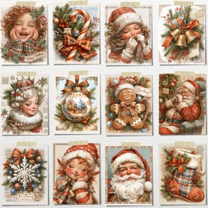 May include: A collection of twelve Christmas-themed postcards. Each card features a vintage illustration with festive elements like Santa Claus, elves, gingerbread men, and holiday decorations. The color palette includes reds, greens, and creams, evoking a warm, nostalgic feel.
