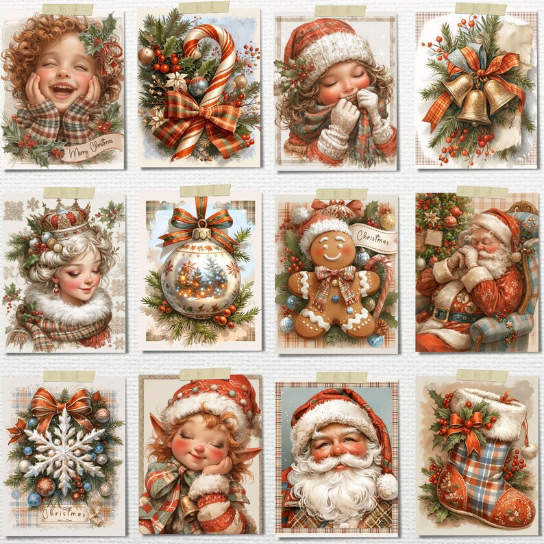 May include: A collection of twelve Christmas-themed postcards. Each card features a vintage illustration with festive elements like Santa Claus, elves, gingerbread men, and holiday decorations. The color palette includes reds, greens, and creams, evoking a warm, nostalgic feel.