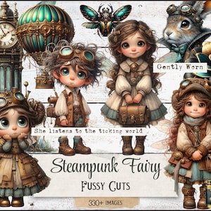 May include: A digital collage showcasing steampunk fairy illustrations. The image includes whimsical characters with goggles, wings, and vintage attire, alongside a clock tower, hot air balloon, and the text "Steampunk Fairy Fussy Cuts".