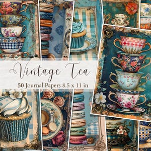 Vintage theetijd ongewenste dagboekpagina's theekopjes afdrukbare items Afternoon tea digitale papieren Victoriaanse thee ephemera Shabby chique thee collagebladen