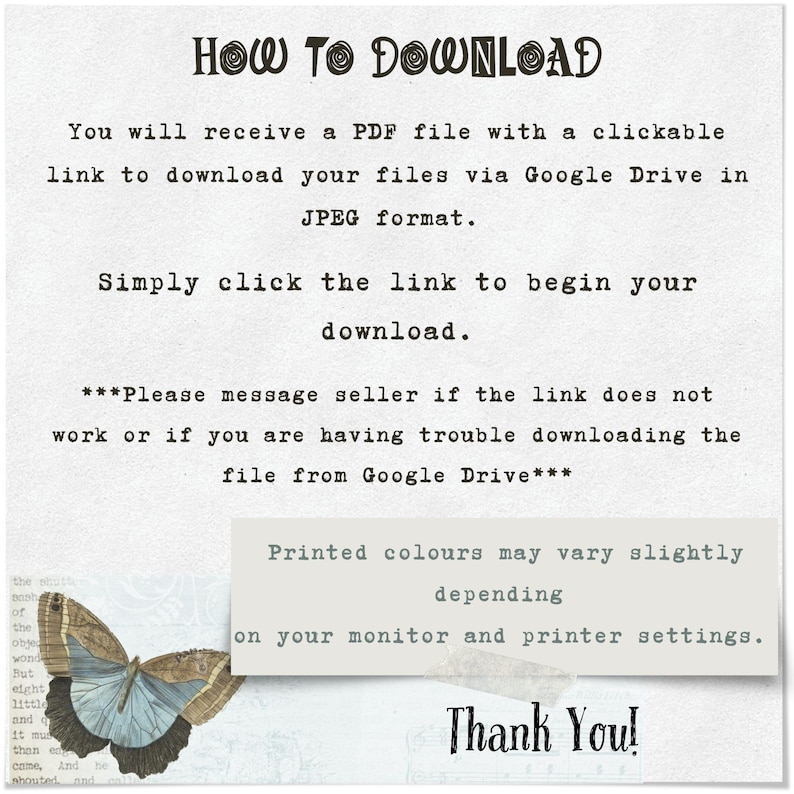 Op de afbeelding: Een digitale downloadinstructie in vintage-stijl met de titel "HOW TO DOWNLOAD" in een decoratief lettertype. De tekst legt uit hoe je een PDF-bestand via Google Drive kunt downloaden. Een vlindergrafiek en "Thank You!" zijn ook inbegrepen.