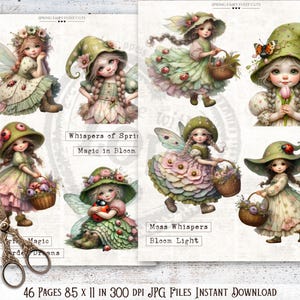 Puede incluir: Descarga digital con ilustraciones de hadas. Las im&aacute;genes muestran hadas con vestidos y sombreros florales, llevando cestas e interactuando con mariposas y mariquitas. El texto incluye "Whispers of Spring" y "Magic in Bloom".