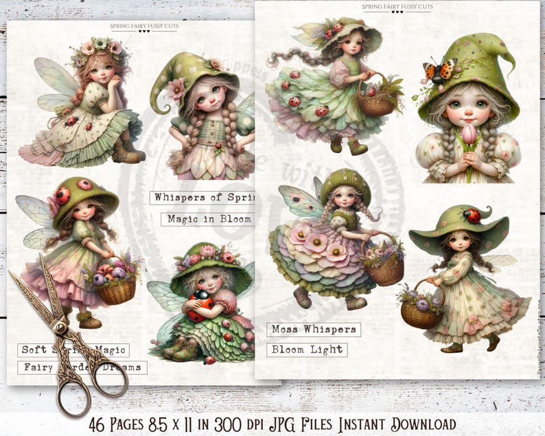 Puede incluir: Descarga digital con ilustraciones de hadas. Las im&aacute;genes muestran hadas con vestidos y sombreros florales, llevando cestas e interactuando con mariposas y mariquitas. El texto incluye "Whispers of Spring" y "Magic in Bloom".