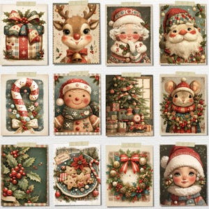 May include: A collection of twelve vintage-style Christmas cards. Each card features festive illustrations, including a reindeer, Santa Claus, a gingerbread man, a Christmas tree, and a mouse. The cards are adorned with holiday elements like bows, holly, and candy canes.