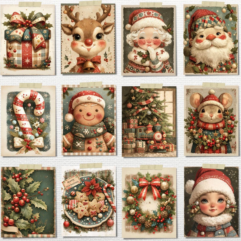 May include: A collection of twelve vintage-style Christmas cards. Each card features festive illustrations, including a reindeer, Santa Claus, a gingerbread man, a Christmas tree, and a mouse. The cards are adorned with holiday elements like bows, holly, and candy canes.