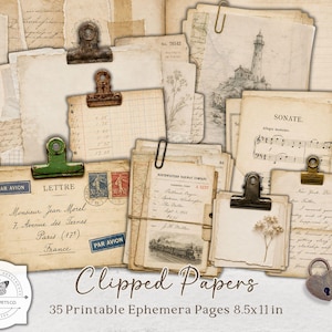 Könnte beinhalten: Eine Sammlung von Vintage-Ephemera, darunter Briefe, Notenblätter und Buchhaltungsseiten, die mit Metallklammern zusammengehalten werden. Die Papiere haben ein gealtertes Aussehen mit verblassten Farben und handschriftlichem Text. Der Text "Clipped Papers" und "35 Printable Ephemera Pages 8.5x11 in" ist enthalten.