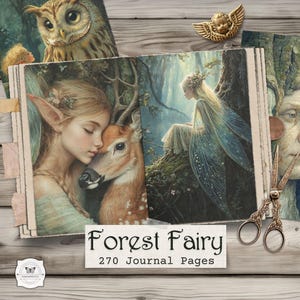 Op de afbeelding: Een dagboek met de titel "Forest Fairy" en 270 pagina's, met illustraties van feeën, een uil en een hert. Het dagboek heeft een vintage esthetiek, vergezeld van een gouden cherubijnbeeldje en decoratieve schaar.