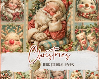 May include: A collage of vintage Christmas-themed illustrations. Santa Claus is asleep in a chair, surrounded by festive decorations. Other images include a snowman, reindeer, children, and stockings. The text "Christmas" and "254 Junk Journal Pages" are also present.