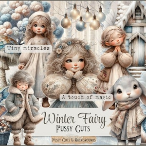 Puede incluir: Una ilustración digital con temática de hadas de invierno. La imagen incluye varias figuras de hadas, un conejo y una pequeña casa, todo en suaves colores pastel. El texto en la imagen dice "Tiny miracles", "A touch of magic" y "Winter Fairy Fussy Cuts".