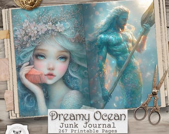Páginas para Diário de Objetos Sucateados com Tema Oceânico - Fantasia de Sereia para Imprimir, Efêmeros Subaquáticos (Download Digital)