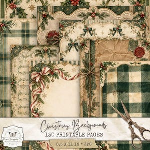 May include: A collection of printable Christmas background pages featuring vintage-style designs with holly, pine branches, red ribbons, musical notes, and green plaid patterns. A pair of ornate metal scissors is positioned in the bottom right corner.