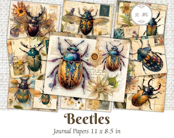 Vintage Insects Junk Journal Printable Pages, Watercolour Bugs Junk Journal Kit, Scrapbook Supplies, Beetle Ephemera, Entomology Background