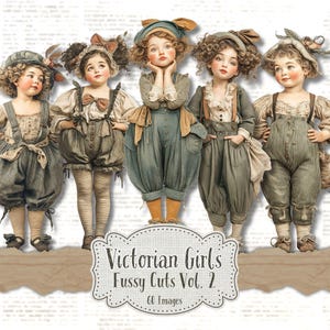 Puede incluir: Imagen digital con cinco niñas de la época victoriana con ropa vintage. Las niñas visten bombachos, sombreros y blusas en tonos apagados de azul, marrón y beige. La imagen incluye el texto "Victorian Girls Fussy Cuts Vol. 2" y "60 Images".