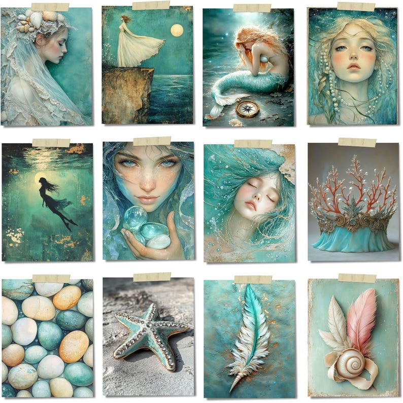 Op de afbeelding: Een verzameling van twaalf kunstprints met etherische illustraties van zeemeerminnen en oceaanthema's. Het kunstwerk toont serene portretten, onderwater sc&egrave;nes en decoratieve elementen zoals een zeester, veer en koraankroon, allemaal in een zacht, aquatisch kleurenpalet.