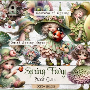 Puede incluir: Ilustraci&oacute;n digital con hadas y un patito con atuendos primaverales. Las hadas visten vestidos y sombreros, una de ellas sostiene una mariquita. El texto incluye "Secrets of Spring", "Quiet Spring Magic" y "Spring Fairy Fussy Cuts".
