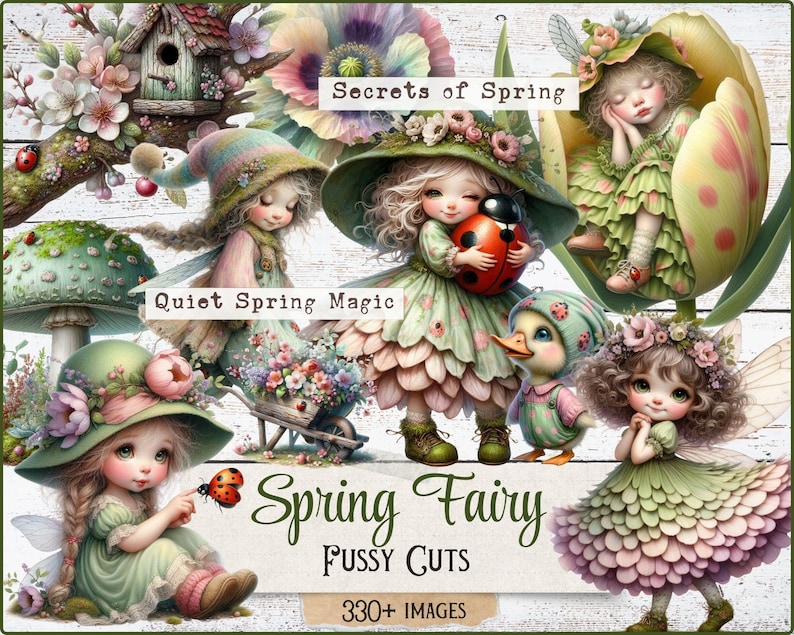 Puede incluir: Ilustraci&oacute;n digital con hadas y un patito con atuendos primaverales. Las hadas visten vestidos y sombreros, una de ellas sostiene una mariquita. El texto incluye "Secrets of Spring", "Quiet Spring Magic" y "Spring Fairy Fussy Cuts".