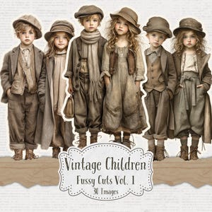 Puede incluir: Ilustración digital de seis niños vestidos con ropa vintage. Llevan sombreros, abrigos y bufandas en tonos marrones y beige. La imagen incluye el texto "Vintage Children Fussy Cuts Vol. 1 30 Images."