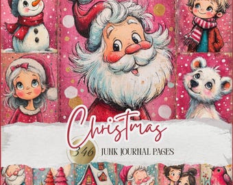 May include: A collage of Christmas-themed illustrations on a pink background. Santa Claus, a snowman, a young girl, a boy, and a polar bear are featured. The word "Christmas" is written in cursive, with "346 JUNK JOURNAL PAGES" below.