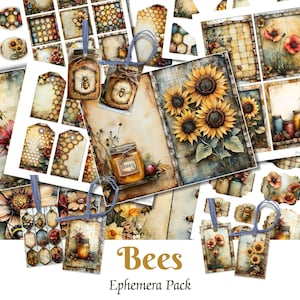 Può includere: Un pacchetto digitale di ephemera a tema api. Il pacchetto include immagini di api, barattoli di miele, girasoli e motivi a nido d'ape. Le immagini sono in stile vintage con un aspetto rustico e sbiadito. Il pacchetto è perfetto per lo scrapbooking, la creazione di biglietti e altri progetti di artigianato.