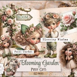 May include: A whimsical collage featuring fairy-like figures, roses, and the text "Bloom," "Fairy Garden," and "Blooming Wishes." The artwork includes a bunny and a signpost, all in soft pastel colors, evoking a vintage aesthetic.