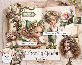 May include: A whimsical collage featuring fairy-like figures, roses, and the text "Bloom," "Fairy Garden," and "Blooming Wishes." The artwork includes a bunny and a signpost, all in soft pastel colors, evoking a vintage aesthetic.