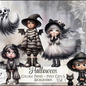 Puede incluir: Una hoja de collage digital con ilustraciones de Halloween que incluyen un fantasma, dos niños con sombreros de bruja, un niño con alas de murciélago, un gato negro y una telaraña. El texto dice Halloween Collage Papers - Fussy Cuts & Backgrounds Vol. 1.
