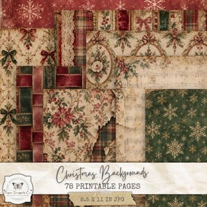 Pode incluir: Uma coleção de papéis de fundo de Natal imprimíveis com padrões de estilo vintage de poinsétias, azevinho, fitas xadrez, renda e partituras em vermelho, verde e creme. O texto diz Christmas Backgrounds 78 Printable Pages 8.5 X 11 IN JPG.