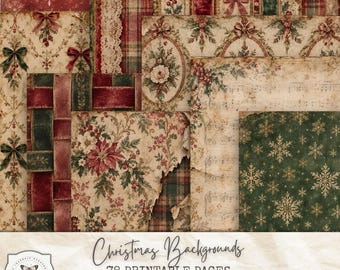 Vintage Christmas Background Papers, 78 Printable Junk Journal Pages, Victorian Christmas Digital Paper, Tartan Floral Scrapbook