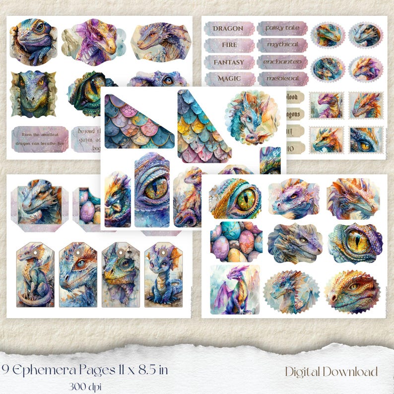 May include: Nine digital printable pages featuring watercolor illustrations of dragons, dragon eyes, and dragon scales. The pages are 11 inches by 8.5 inches and 300 dpi. The text on the pages includes "Dragon", "Fire", "Fantasy", "Magic", "Fairy Tale", "Mythical", "Enchanted", "Magical", "Loon", "Agons", and "10".