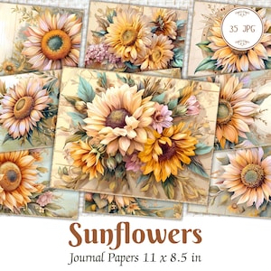 Watercolour Sunflower Junk Journal Kit Printable Pages Flowers Scrapbooking Supplies Vintage Floral Collage Sheets Shabby Chic Backgrounds
