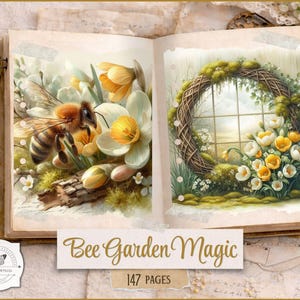 May include: An open book with two watercolor illustrations. One features a bee on yellow and white flowers, the other a wreath-framed window with flowers. The text "Bee Garden Magic" and "147 Pages" are visible.