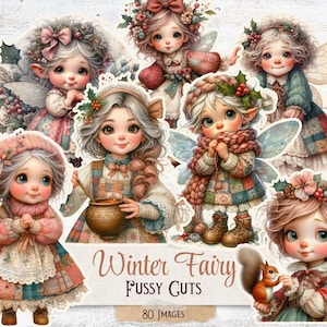 Peut inclure: Une collection de huit autocollants découpés de fées d'hiver fantaisistes. Chaque fée est représentée avec de grands yeux, des joues roses et des vêtements détaillés. Les fées sont ornées de couronnes florales, d'ailes et de tenues d'hiver douillettes. Le texte "Winter Fairy Fussy Cuts" est affiché.