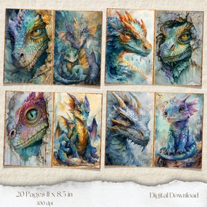 May include: A set of 6 digital printable images featuring watercolor illustrations of dragons. The dragons are blue, green, and purple with intricate details. The images are perfect for scrapbooking, card making, and other craft projects.