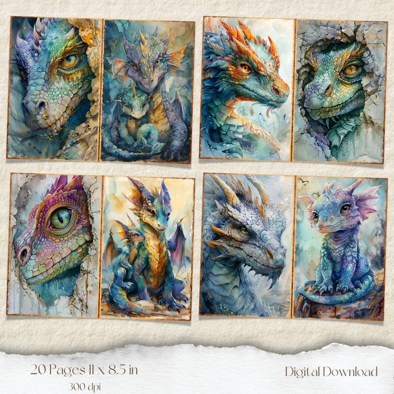 May include: A set of 6 digital printable images featuring watercolor illustrations of dragons. The dragons are blue, green, and purple with intricate details. The images are perfect for scrapbooking, card making, and other craft projects.