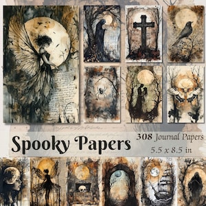 Páginas imprimíveis assustadoras, imprimíveis de diário de lixo, kit, suprimentos para scrapbook, papéis de scrapbook de bruxa, itens efêmeros de Halloween, download digital