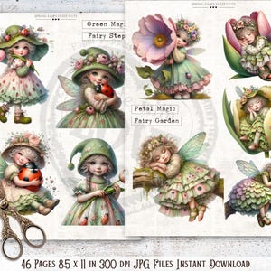 Puede incluir: Ilustraciones de hadas caprichosas en colores pastel suaves. Las hadas se representan en varias poses, algunas sosteniendo flores o mariquitas, y otras durmiendo en flores. El texto "Green Mag: Fairy Step" y "Petal Magic Fairy Garden" es visible.