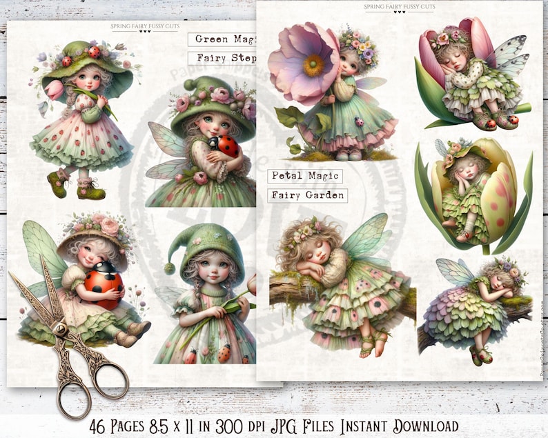 Puede incluir: Ilustraciones de hadas caprichosas en colores pastel suaves. Las hadas se representan en varias poses, algunas sosteniendo flores o mariquitas, y otras durmiendo en flores. El texto "Green Mag: Fairy Step" y "Petal Magic Fairy Garden" es visible.