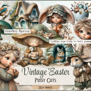 Può includere: Un collage digitale con illustrazioni vintage a tema pasquale. L'immagine include rappresentazioni fantasiose di bambini, conigli, un uccello, funghi e case in miniatura. Il testo include "Country Spring", "Little joys hide in tall grass", "Vintage Easter" e "Fussy Cuts".