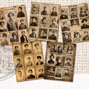 May include: A vintage photo album with black and white photos of children. The album has a brown leather cover with the words "Photo Album" printed on the front.