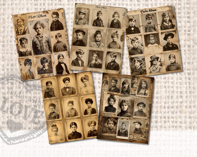 May include: A vintage photo album with black and white photos of children. The album has a brown leather cover with the words "Photo Album" printed on the front.