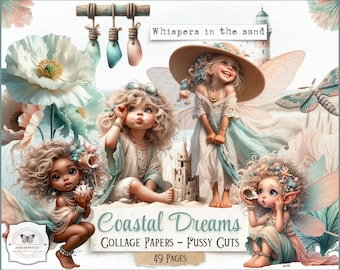 Recortes de hadas costeras: efímeros de playa imprimibles, papeles de collage digitales para diarios artísticos y álbumes de recortes de verano.